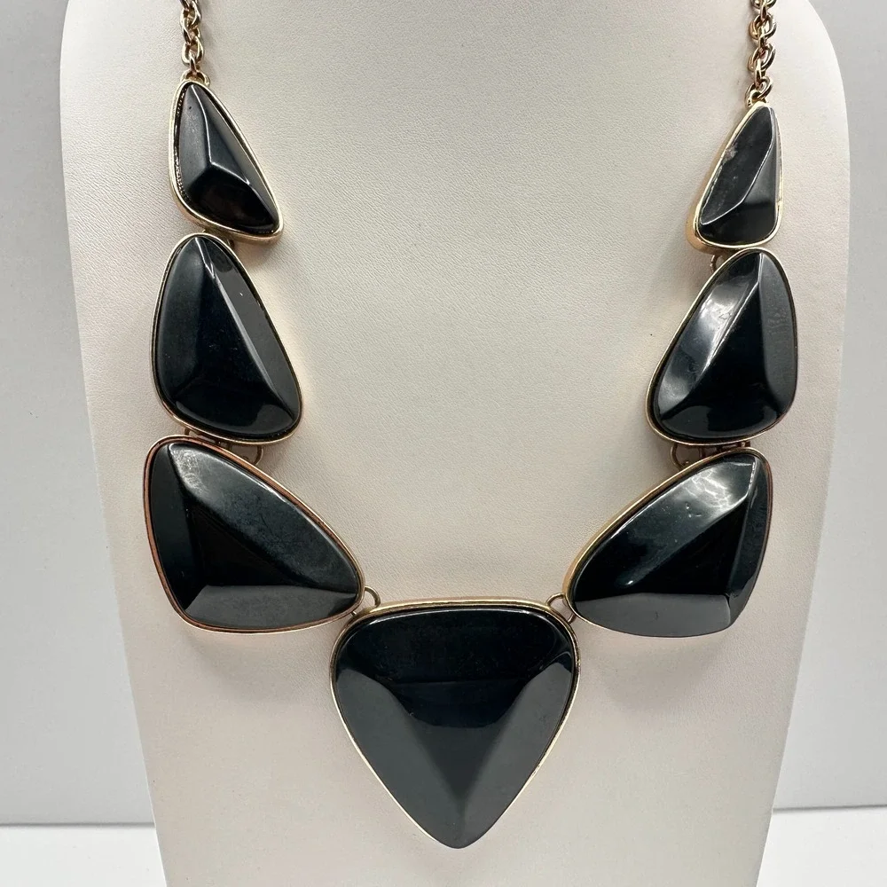 Vintage 90s Black Onyx Statement Necklace Gold Tone Geometric Y2K